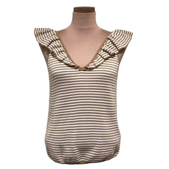 Madewell Tops - Madewell Belhaven Ruffle Sweater Tank Top Size Medium Heather Camel Brown Stripe